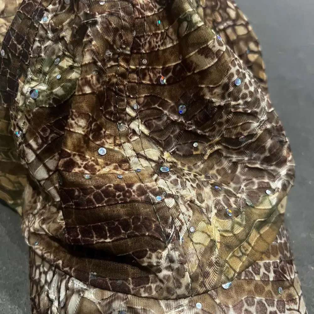 Python Skin Pattern Crinkle Baseball Cap with Rhinestone Embellishments